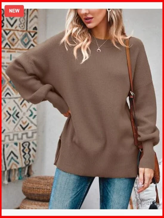 Oversized Ribbed Knit Pullover Sweater with Side Slits, Slouchy Tunic - Picture 2 of 6